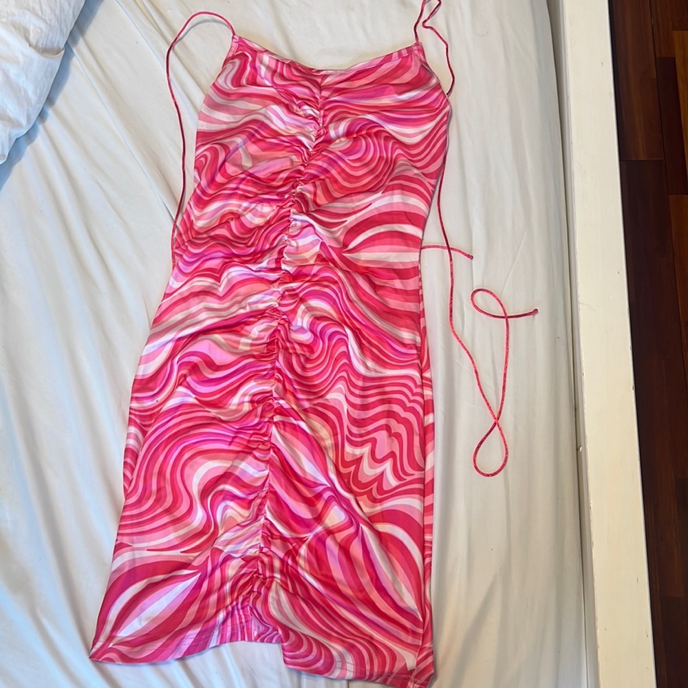 Pink mini dress, cross cross back